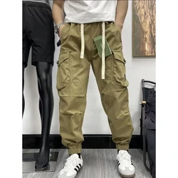 Solid Color Pockets Men's Clothing Spring Autumn Retro Elastic High Waisted Bloomers Trousers Korean Fashion Moto Biker Pants