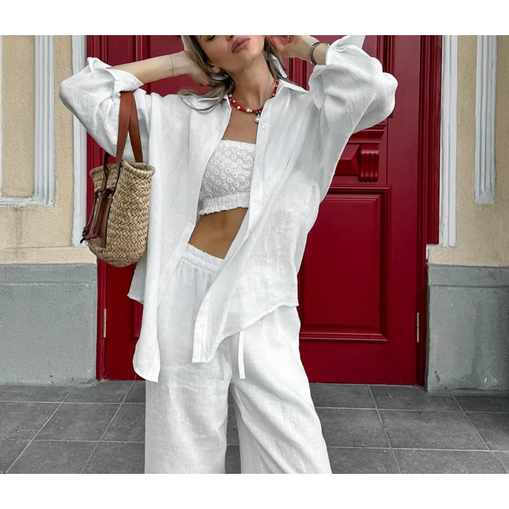 TWOTWINSTYLE Solid Loose Two Piece Set for Women Lapel Long Sleeve Blouse High Waist Pant Casual Sets Female Fashion