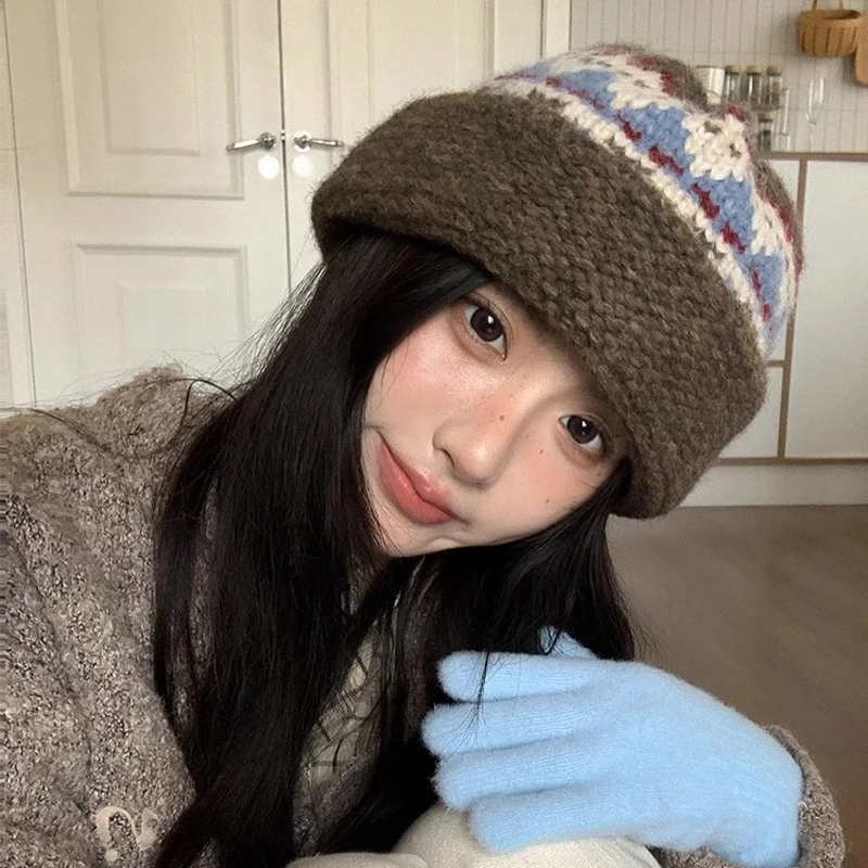 قبعات السيدات الكورية جزيرة فيل نمط الرجعية لفتاة قبعات منسوجة متعددة الاستخدامات دافئة مريحة الشتاء سميكة قبعات حماية الأذن #2