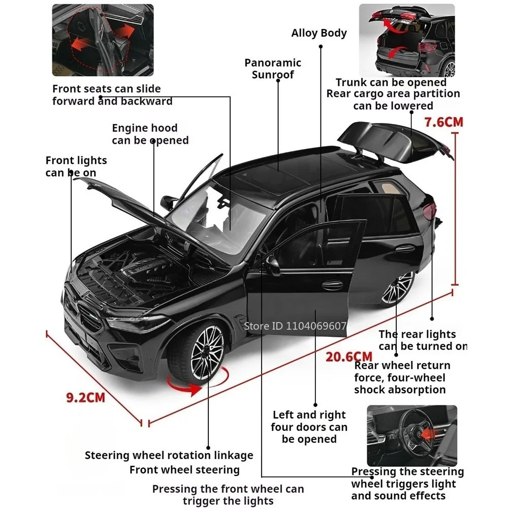1:24 Car X5M 325LI Model Toys Alloy Diecast Simulation Interior Shock Absorption Doors Opened Office Table Ornament for Friends