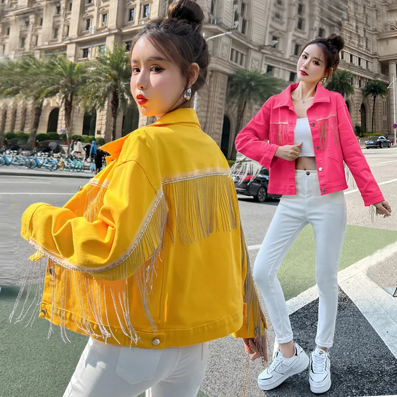 Ladies Jean Top Fashion Tassel Denim Jacket Women\'s 2023 New Candy Color Large Size Loose Jean Jackets Short Outwear