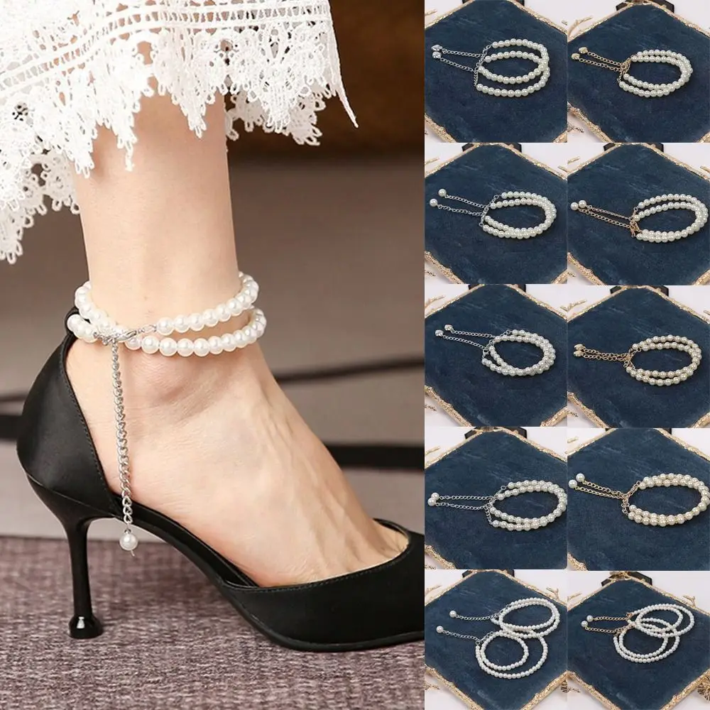 High Heel Ankle Chain Anti-skid High-heeled Shoes Straps White Adjustable Women Shoelaces Pearl Chain Anklets