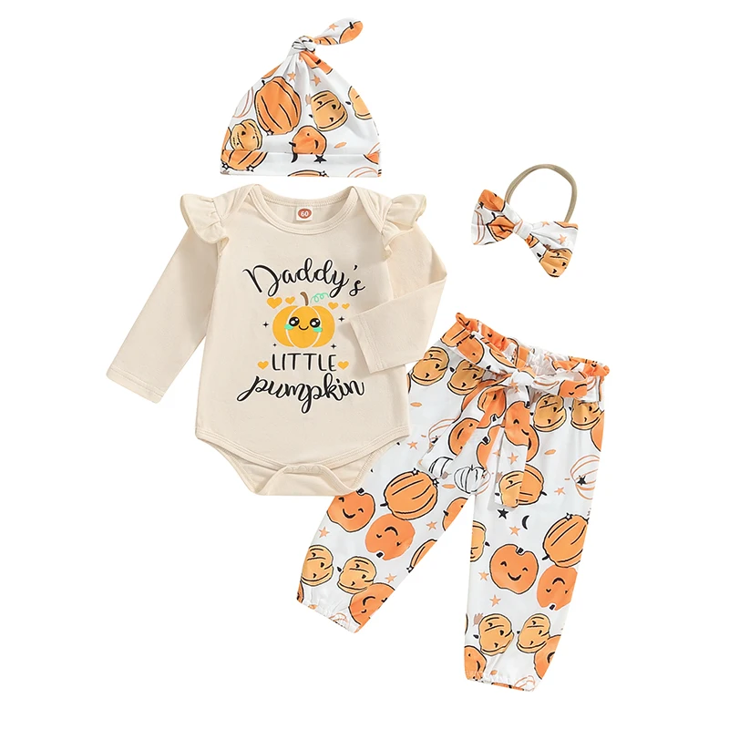 

Newborn Baby Girl Halloween Outfits Daddy s Mama s Little Pumpkin Long Sleeve Romper Pants Headband Hat 4Pcs Set