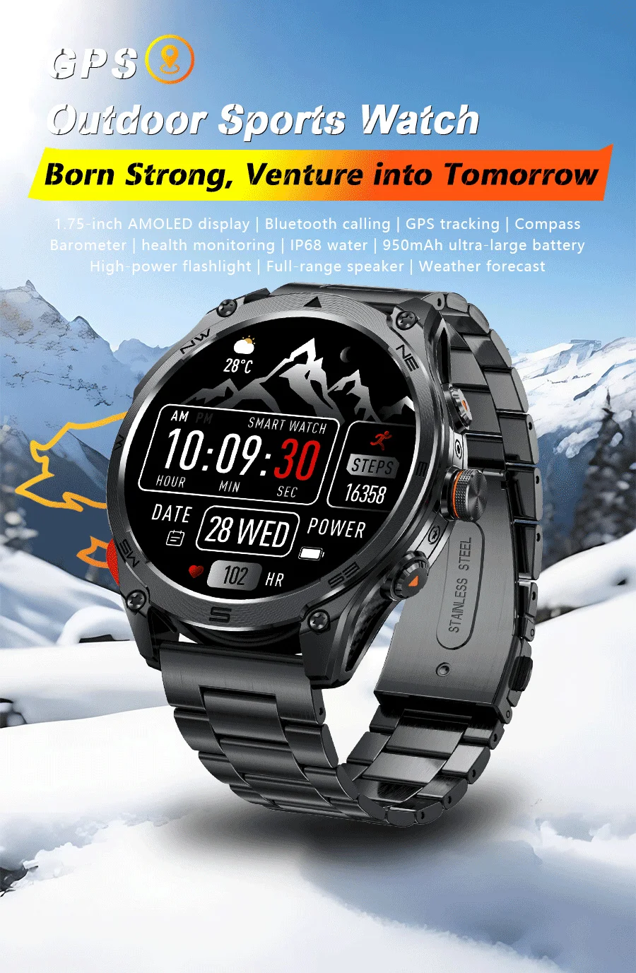 2026 Militärische Ultra-GPS-Smartwatch mit 1000mAh Akku, 10ATM Wasserdicht, Kompass, Taschenlampe, Sport-Tracker, HD-Anruf, Smartwatch für Herren – Detail 1