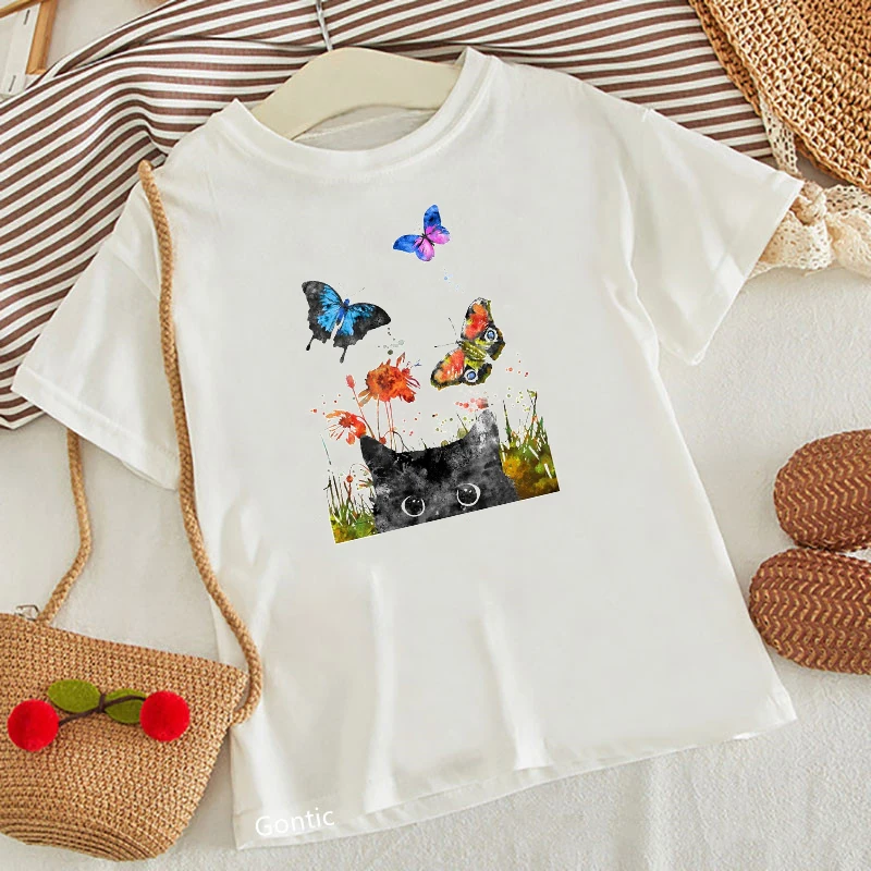 

Watercolor Butterflies Cute Black Cat Print Kids Tshirt Lovely Baby Girl T-shirt Children's Clothes Summer Top Basic Tees 2-13 Y