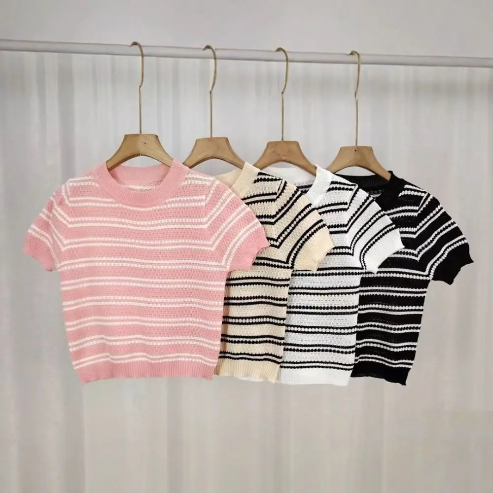 

Ins Short Sleeve Crop Top Sweet Slim Fit Stripe Knitted T-shirt Female Clothing Bottoming Shirt Knitwear Women Female