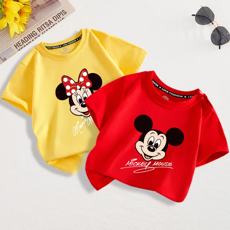 ديزني حقيقية 2026 جديد عادية الكرتون ديزني ميكي ميني طباعة بنين بنات حجم كبير موضة قصيرة الأكمام الاطفال تي شيرت رياضي