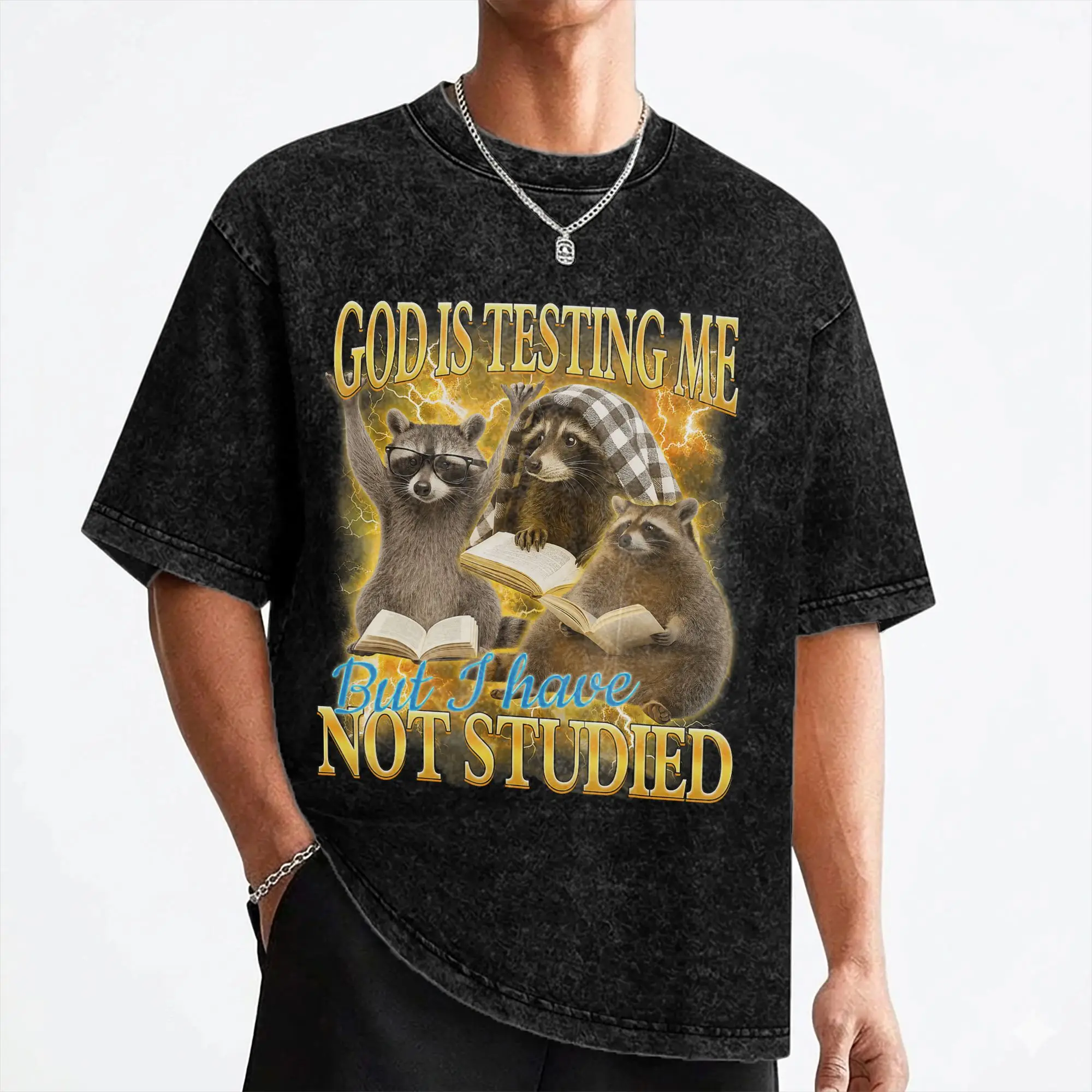 God Is Testing Me And I Have Not Studied Funny Raccon T Shirts Washed Short Sleeve Street T-Shirt for Men Women Streetwear Tees