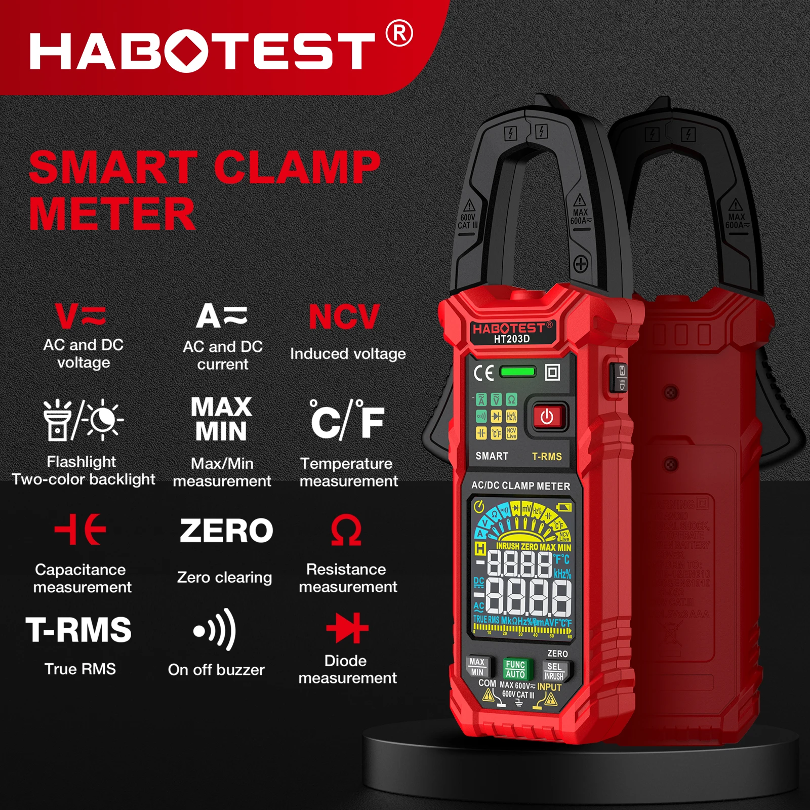 HABOTEST HT203D Digital Clamp Meter Multimeter AC Current and AC/DC Voltage Tester with Amp Ohm Continuity Hz Tester Voltmer