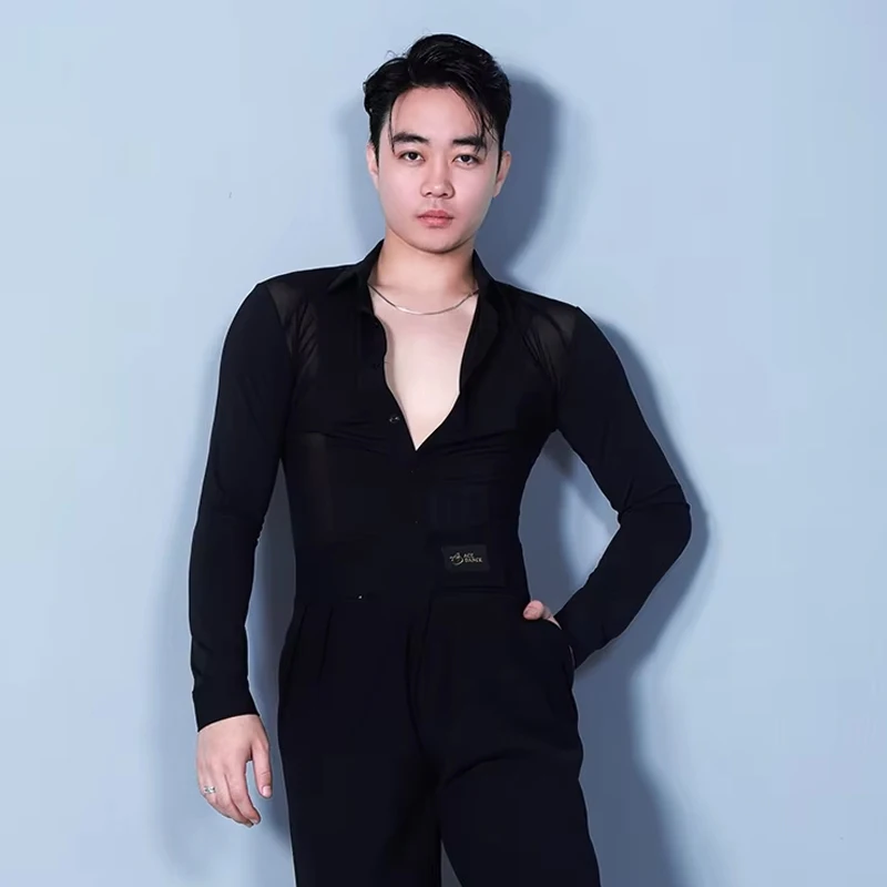 Latin Dance Herenkleding Lange Mouw Zwart Shirt Mannelijke Ballroom Tango Dansen Outfit Wit Tops Volwassen Latin Training Wear 7681