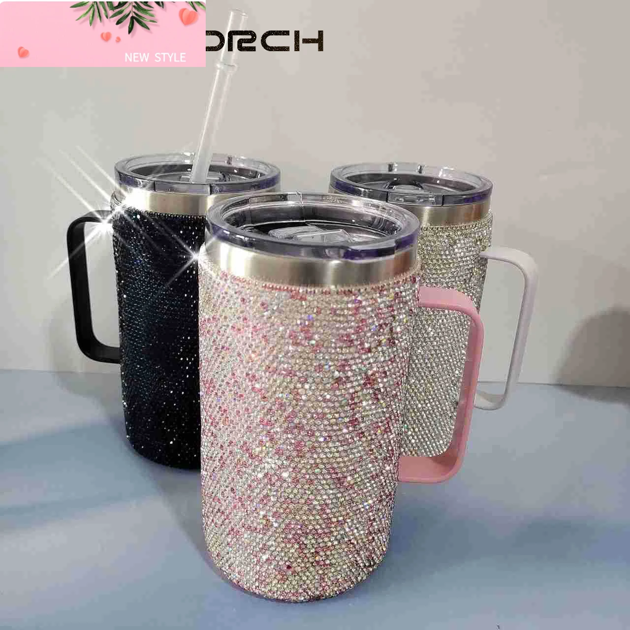 

720ml Stainless Steel Rhinestone Coffee Travel Cup With Handle Lid Diamond Vacuum Insulated Mug Bling Water Bottle Women Gifts