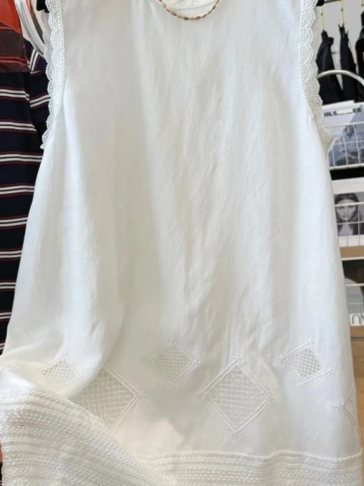Vestido camisero de encaje de verano de gran tamaño para mujer, vestido sin mangas a la moda para mujer, Vestidos holgados Retro de Color contrastante para mujer