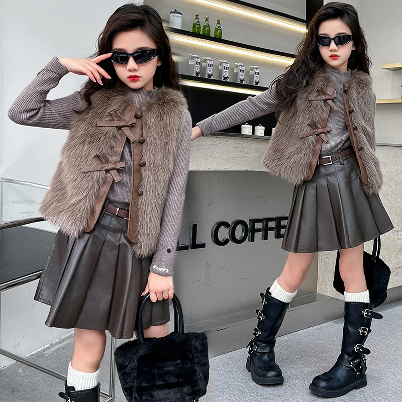 

autumn winter teenage girls clothes set Velvet vest+sweater+PU Pleated skirt 3pcs junior kid suit child outfits conjunto file 14