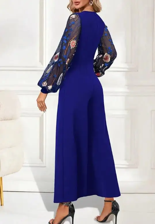 

Женский комбинезон 2026: Модный, с вышивкой, рукавами-фонариками, V-образным вырезом, завышенной талией, повседневный, с широкими штанинами, весна-осень