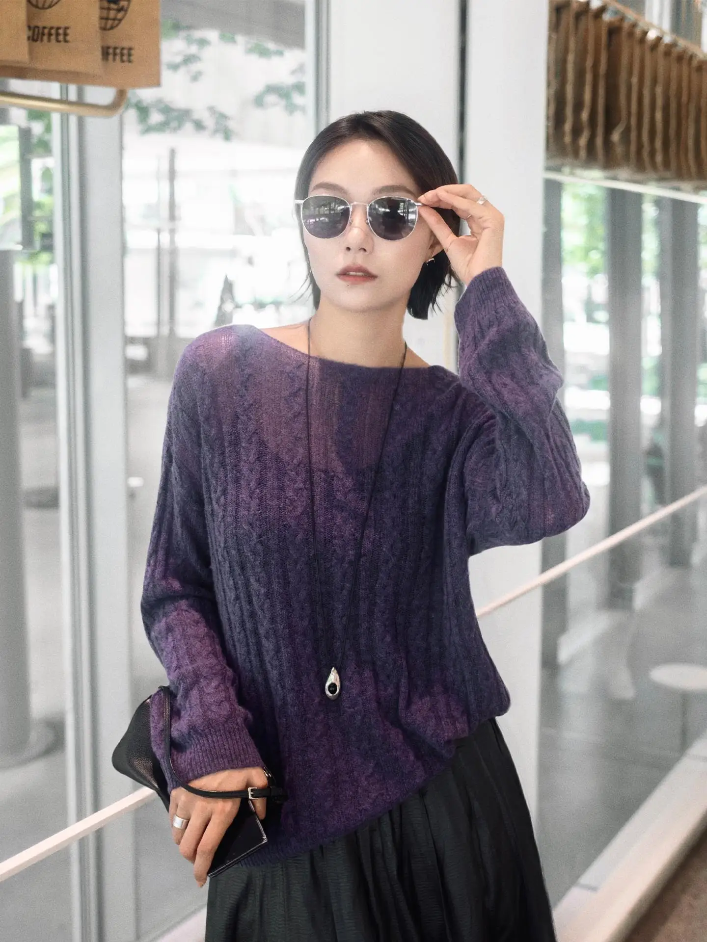 

Slim Fit Long Sve Knitted Sweater Purple Wool Loose Sle Women's Autumn Winter New Arrival Crew Ne Knitwear