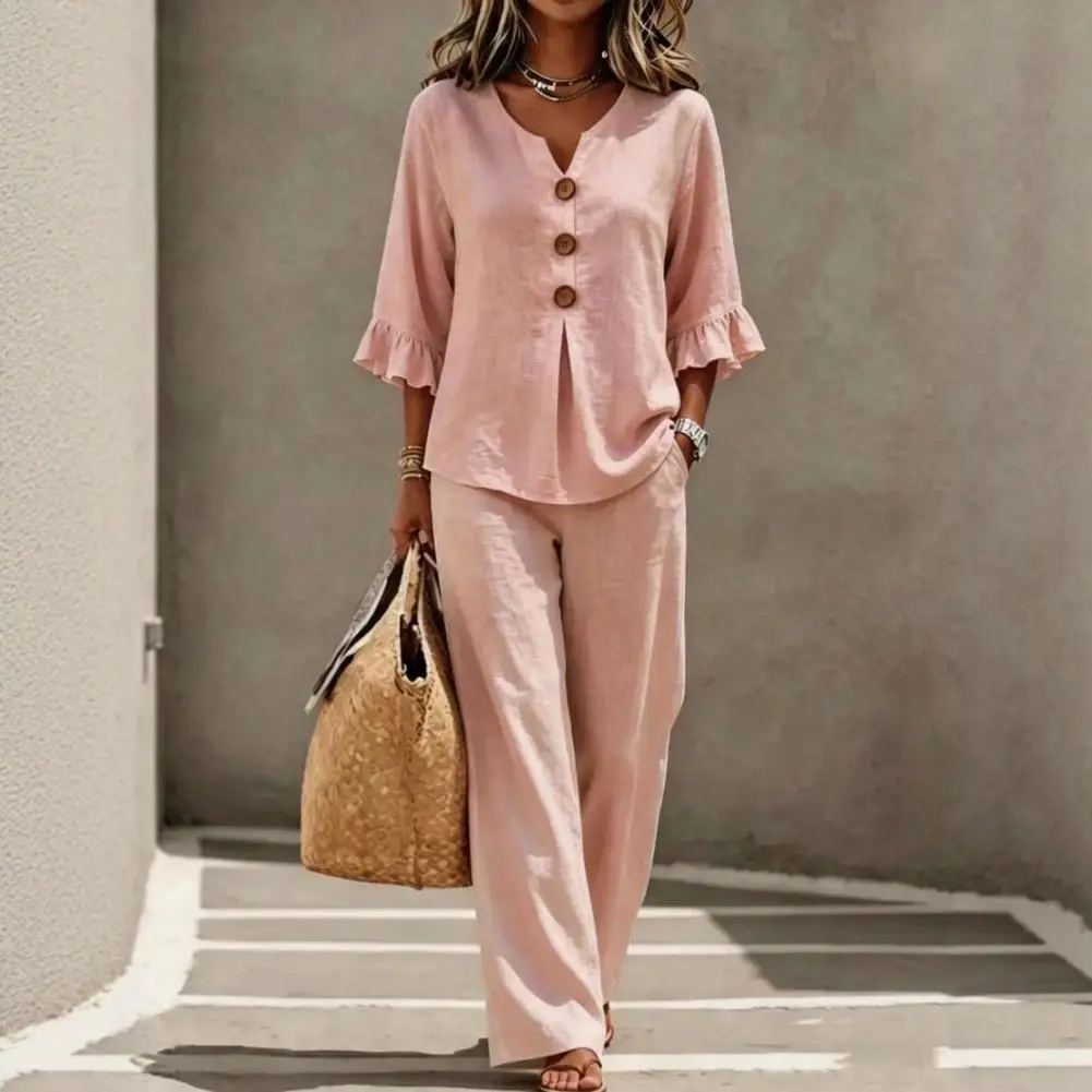 

Summer 2 Piece Sets for Women Casual Ruffle 3/4 Sleeve Buttons V Neck Top And Wide Leg Pants Matching Set Loose Vacation Outfits