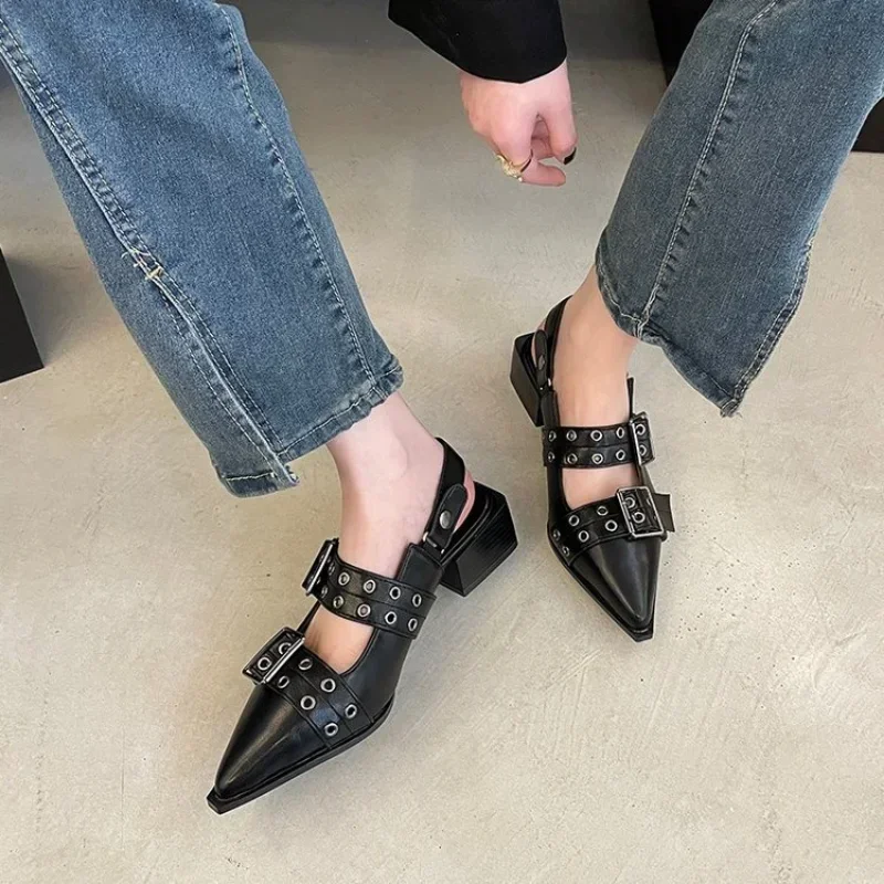 2024 New Women Chunky Sandals Summer Shoes Fashion Mid Heels Pointed Toe Party Shoes Casual Shoes Mujer Slippers Zapatos