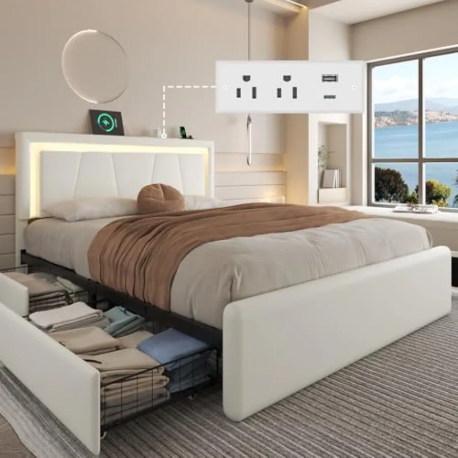 

Каркас кровати размера Queen с 4 выдвижными ящиками для хранения, зарядной станцией и LED-подсветкой, регулируемое мягкое изголовье, бесшумная конструкция, без коробчатого основания