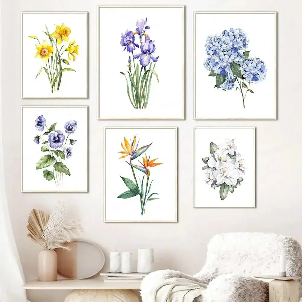 Elegante Aquarell-Wildblumenkunst, blaue Iris-Hortensien, HD-Diamantdrucke für moderne Heimdekoration, perfekt für Schlafzimmer und Wohnzimmer