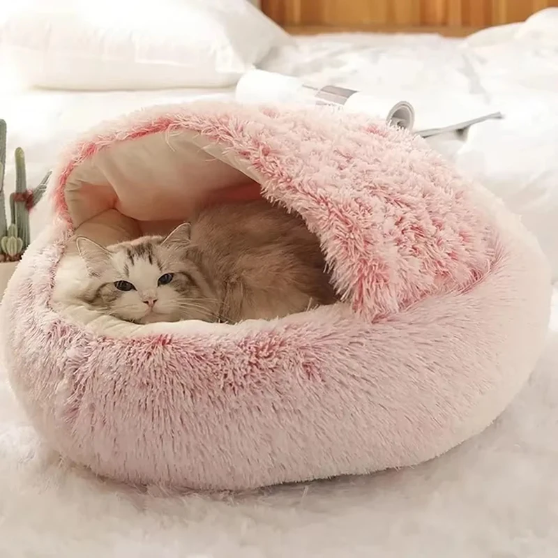 

2 in 1 Soft Long Plush Pet Bed with Cover Semi-enclosed Round Warm Comfortable Dog Cat Sleep Nest Kitten Supplies