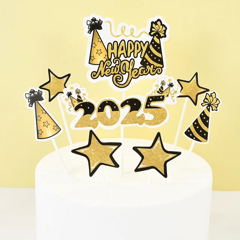 8Pcs Gold Happy New Year 2025 Cupcake Topper Glitter Gold Firework hat Cake picks 2025 New Year's Eve party Baking Dessert Decor
