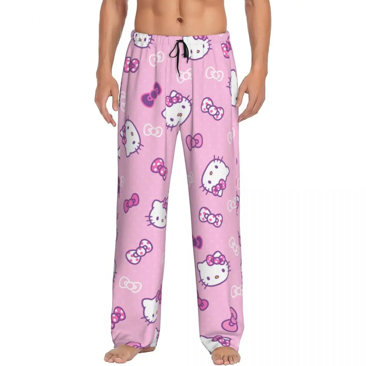 

Custom Pink Bow Animated Anime Hello Kitty Pajama Pants Men's Sleepwear Lounge Sleep Bottoms Stretch with Pockets