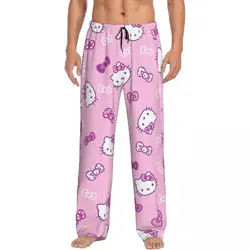 Custom Pink Bow Animated Anime Hello Kitty Pajama Pants Men's Sleepwear Lounge Sleep Bottoms Stretch with Pockets