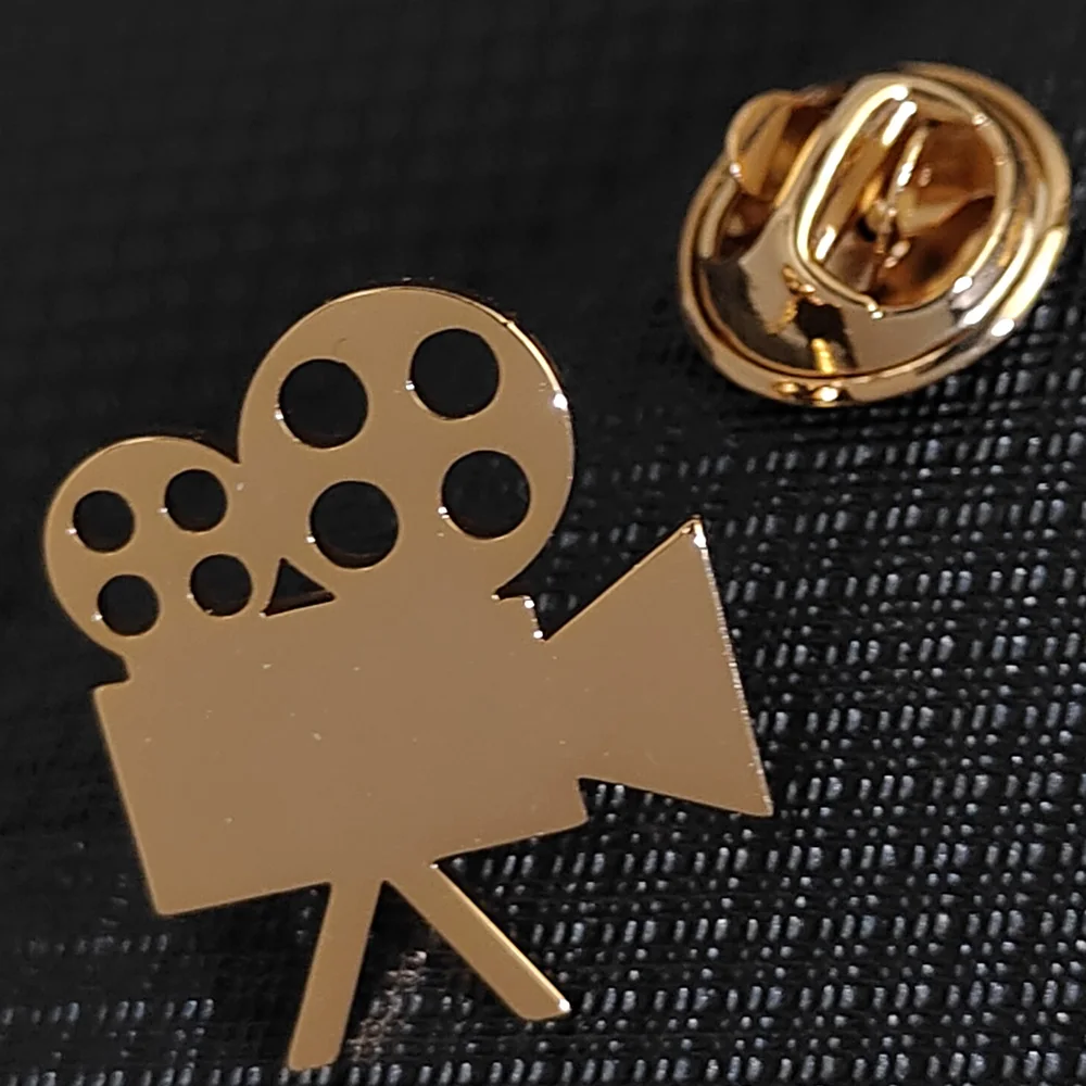 New - Stainless Steel 18k Gold Plated Stainless Steel Brooch: Movie Camera Design, Fashionable Lapel Pin