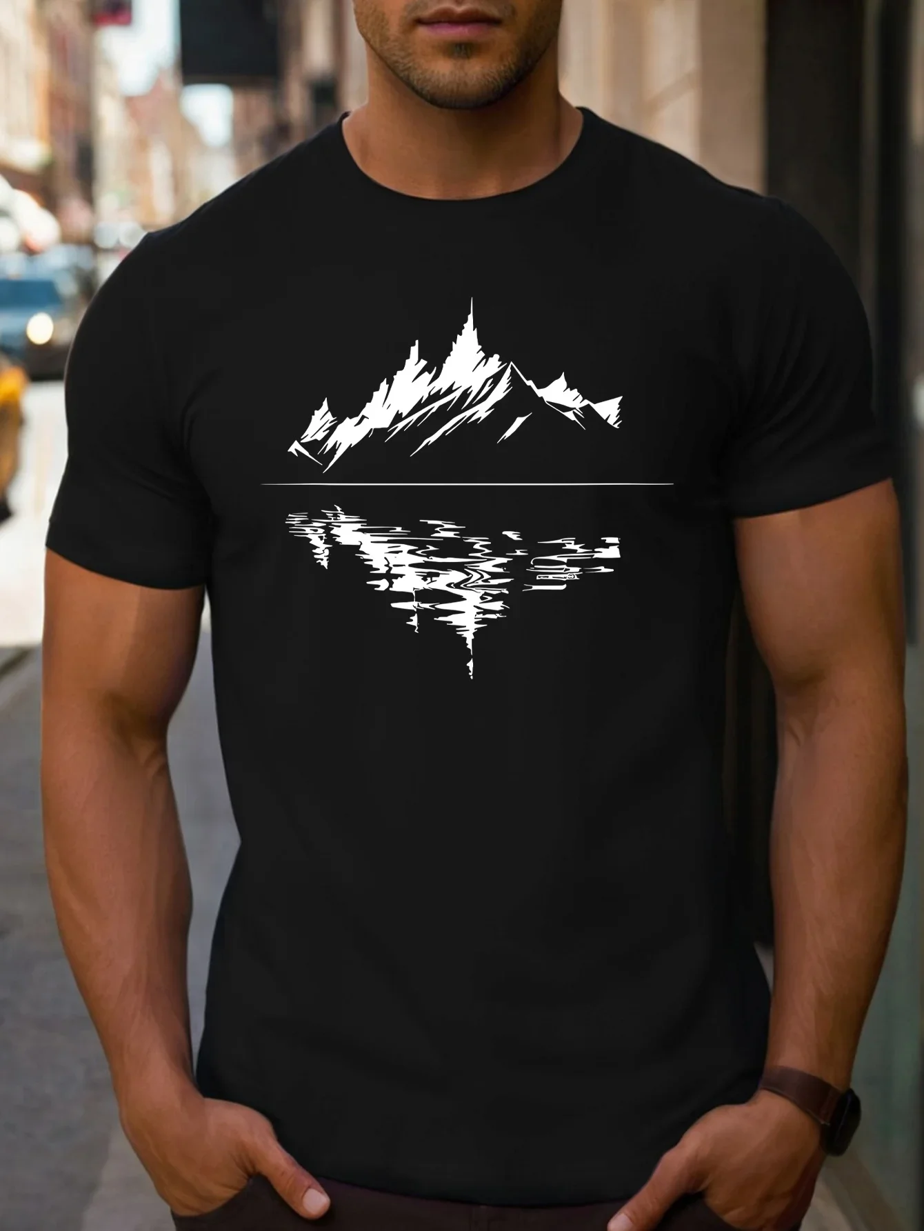 

Summer mountain reflection print design men's clothing, pure cotton T-shirt, loose and breathable top for outdoor enthusiasts
