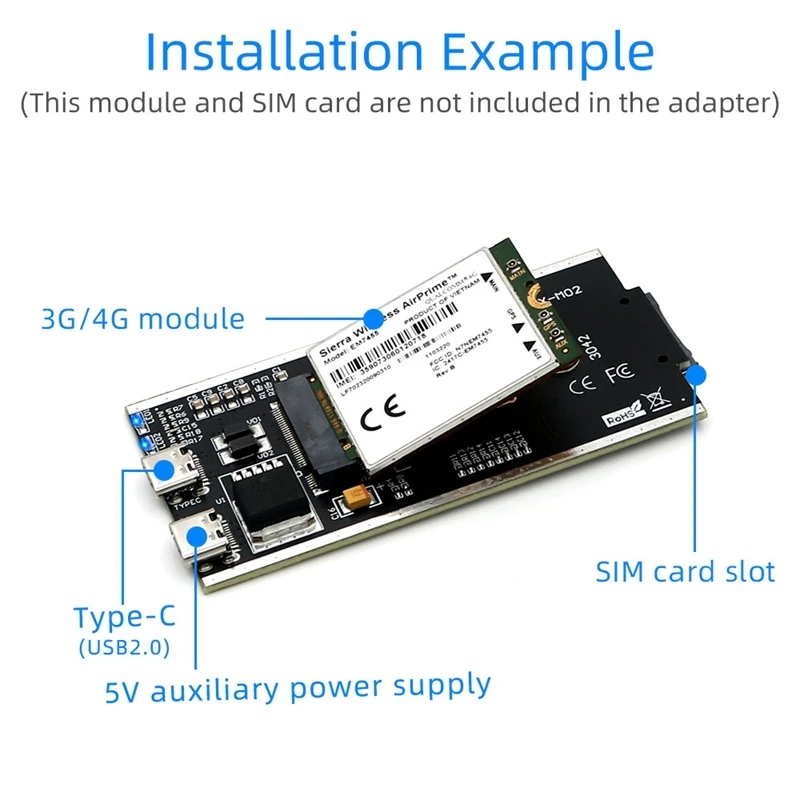 NGFF(M.2) To USB 2.0(TYPE C) Adapter With SIM Card Slot And Auxiliary Power Interface For WWAN/LTE Module