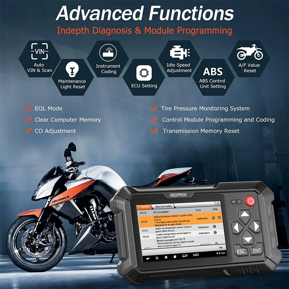 OBDPROG MOTO 100 Full System Motorcycle Scanner Diagnosis ECU Coding 5000+ Motorcycle Models Coverage Auto Motorcycle Analysis