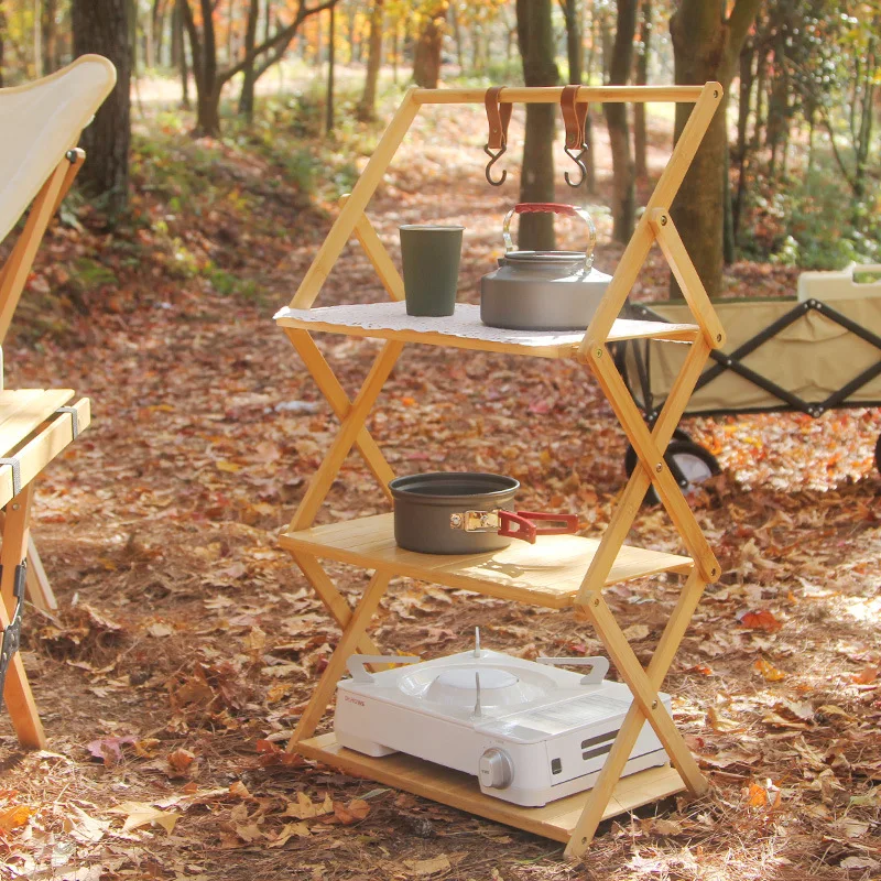 Outdoor Rack Camping Foldable Multi-layer Portable Installation-free Bamboo Storage Rack Multifunctional Folding Table With Bag