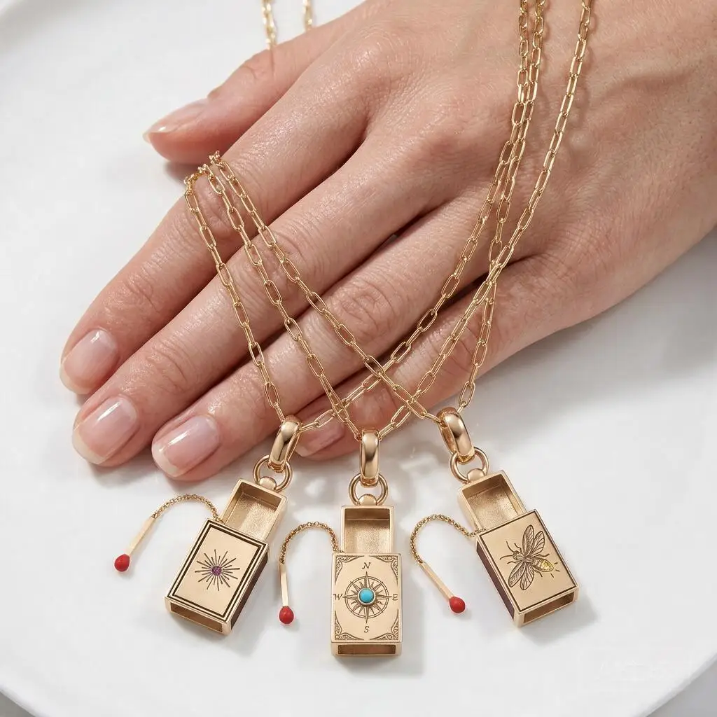 Luxury Vintage Engraved Openable Matchbox Pendant Necklace Gold Plated Brass Sunflower Compass Bee Clavicle Chain Gift For Women