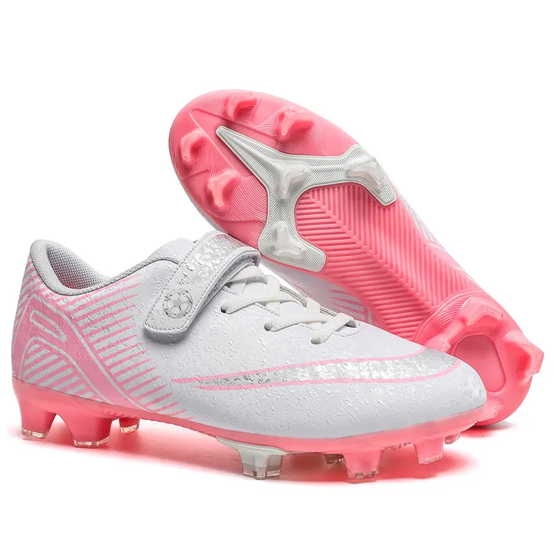 

Size 29-39 TF/FG Children's Football Shoes Leather HOOK&LOOP Soccer Shoes Children Fashion Pink Kids Sneakers Boys Futsal Shoes