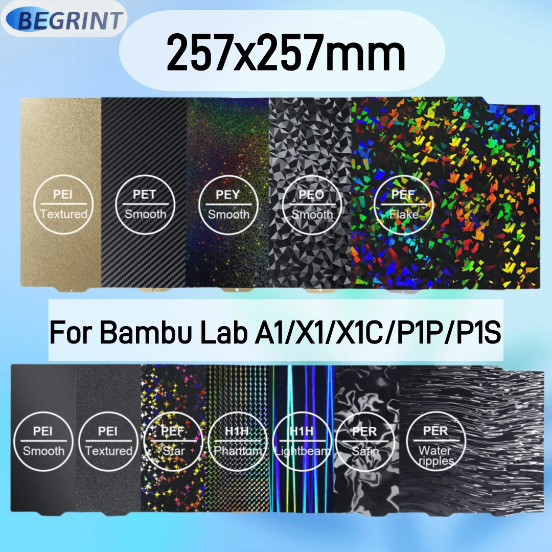 

Для Bambu Lab P1S сборная пластина A1 X1 PEI Текстура 257x257 размер PET PEY Лист Пружинная сталь Для Bambu lab X1CP1P Hotbed из углеродного волокна