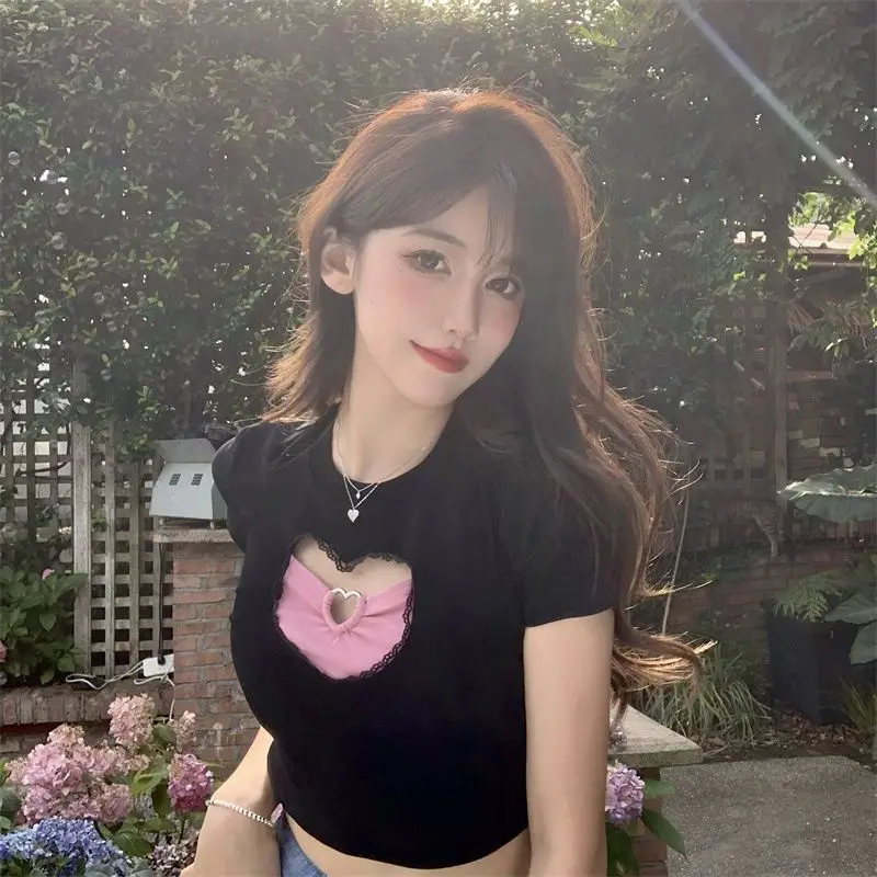 Hollow Out Short Top Women Love Design Sense Patchwork Chic Summer New O-neck Hotsweet Short Sleeve T-shirt Female