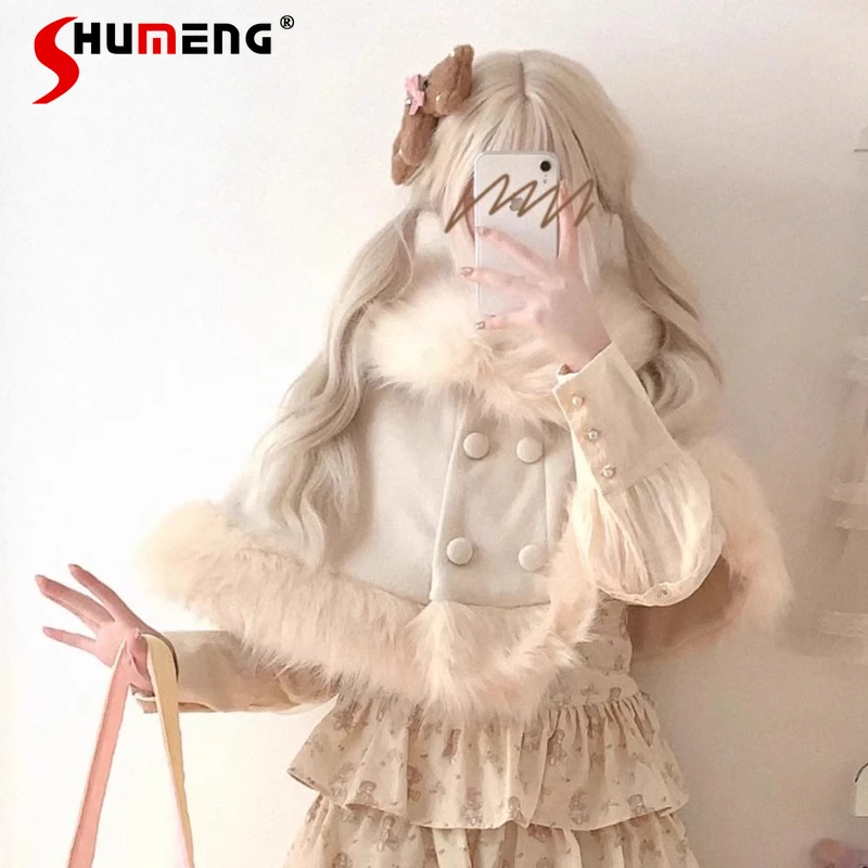 New Japanese Rojita Sweet And Cute Fluffy Woolen Cloak Retro Double-breasted Short White Black Delicate Cape Jaqueta Femininas