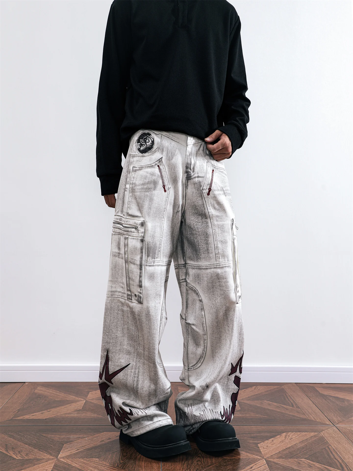

Waed White Jeans Men's High Street Multi-ket Hip Hop Loose Workwear Wide Leg Pants Durable Straight Cut Casual Jeans