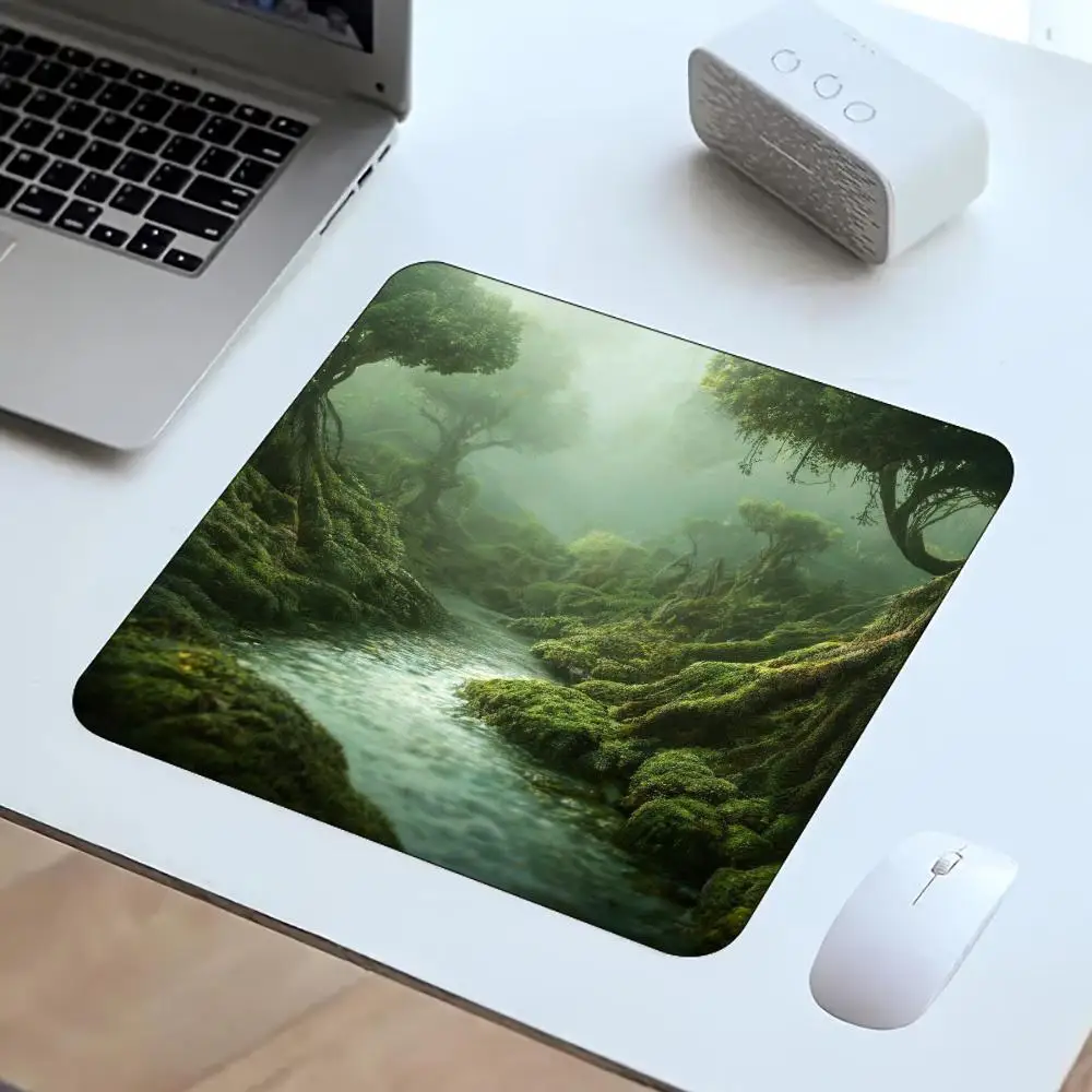 Misty Forest River Square Mouse Pad Anti Slip Rubber Mousepad Nature Scenery Desk Mat For Laptop Office Computer Gaming Decor