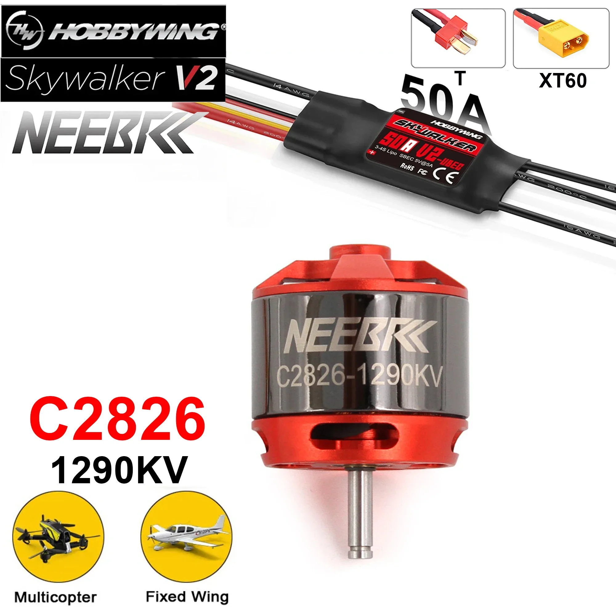 

Hobbywing Skywalker 50A V2 ESC Speed Controller T/XT60 Plug w/ 2826 1290KV Brushless Motor RC Engine for Dron FPV Quacopter 1290