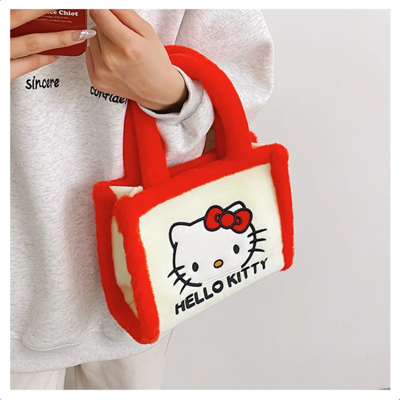 Sanrio Hello Kitty New Mini Plush Handbags Y2k Cartoon Kuromi Melody Kawaii Square Totes For Women Japanese Style Cute Bags