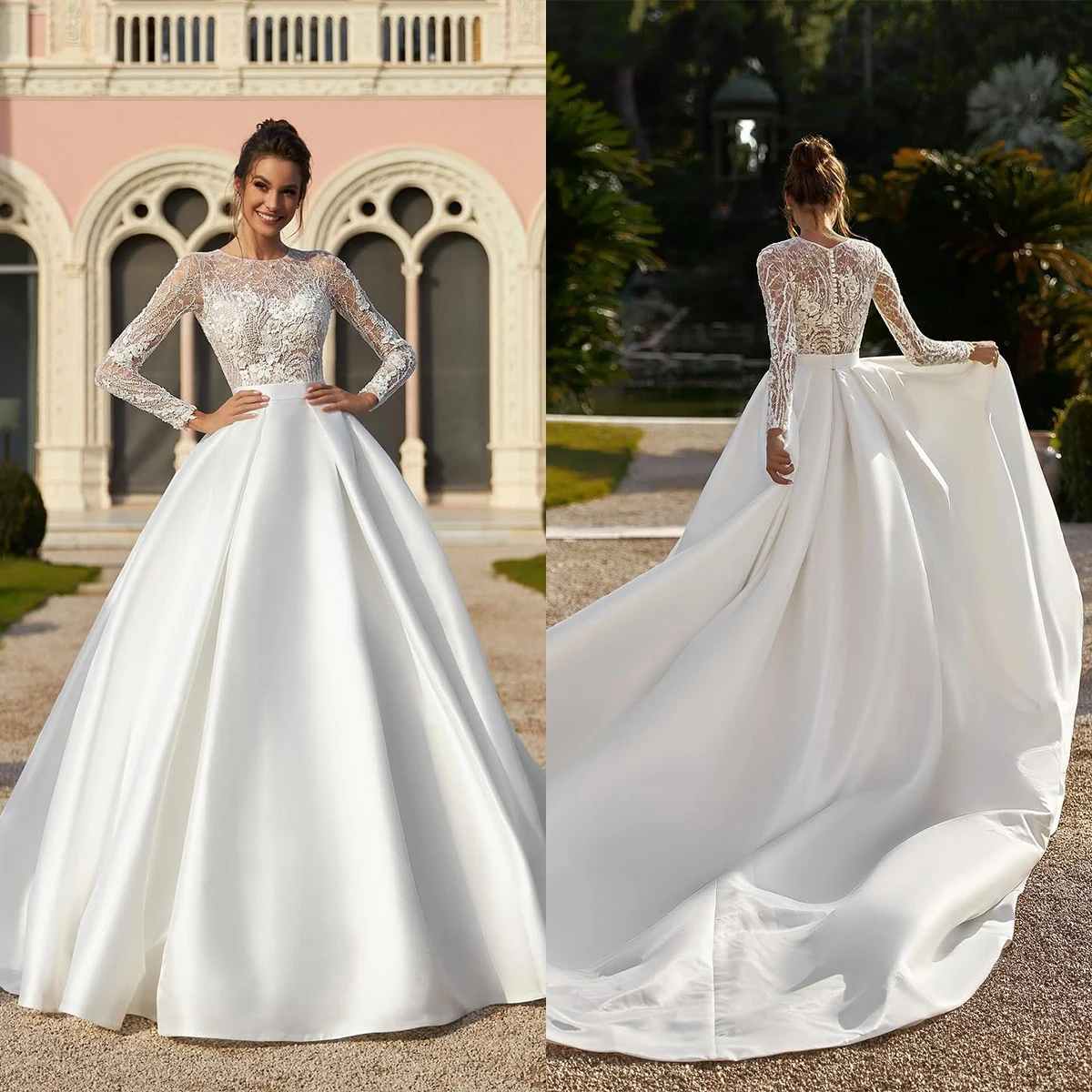 

Elegant Handmade Wedding Dresses A-Line Long Sleeves Round Neck Button Lace Appliques Bridal Gowns Vestido De Noiva Customized