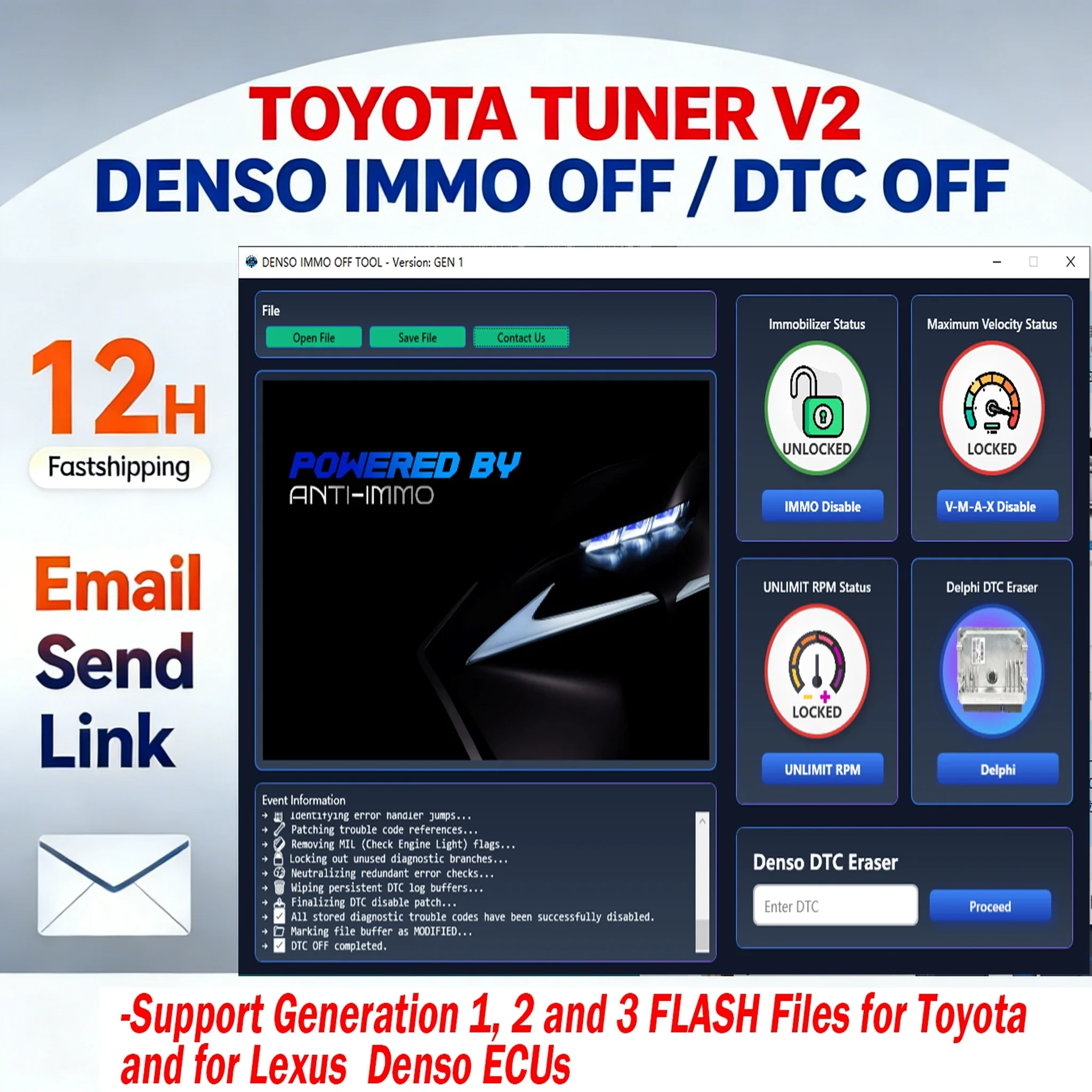 For TOYOTA TUNER V2 DENSO DTC OFF IMMO OFF Tool  VMAX OFF Disable Immobilizer for GEN1 GEN2 GEN3 Flash Files for Toyota Lexus