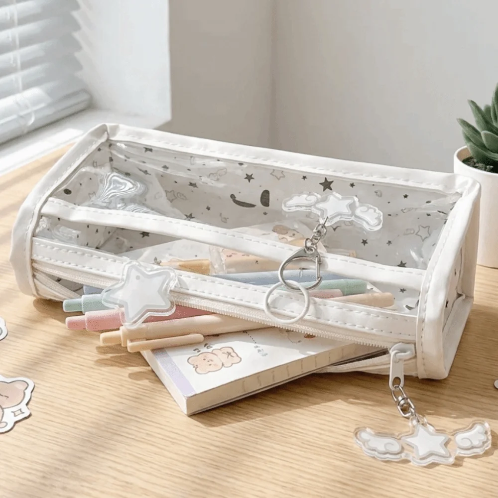 Double-Layer Transparent Pencil Case Clear PVC Large Capacity Pencil Pouch Star Pattern Pendant Stationery Bag Daily Use