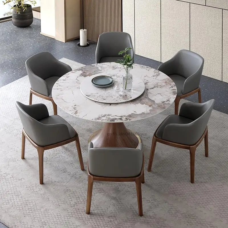 Italian Light Luxury Imported Bright Rock Board Round Dining Table And Chair Combination Modern Simple Solid Wood Dining Table