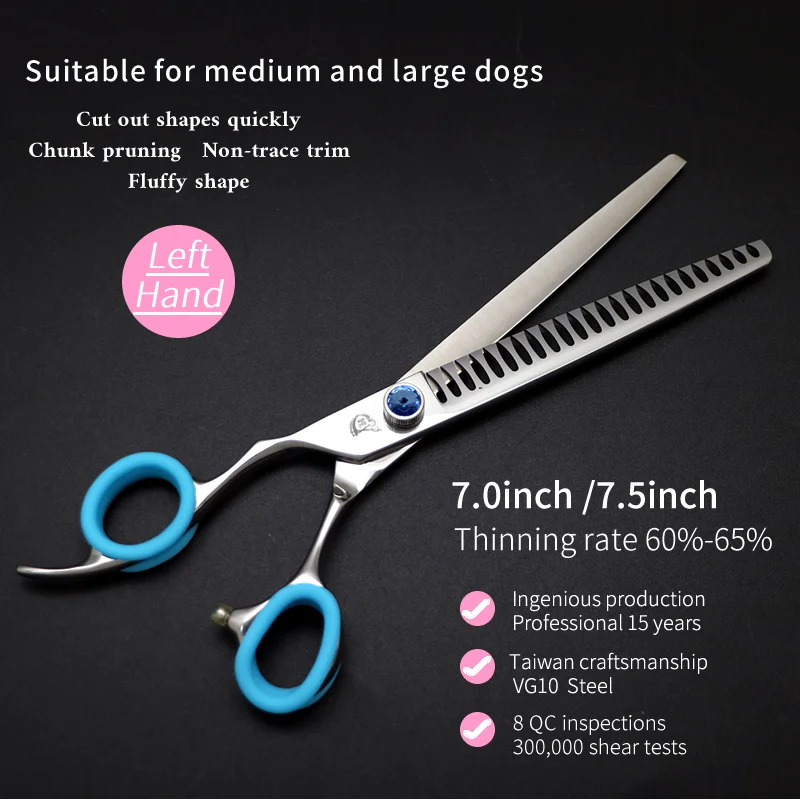 Crane Left Hand 7.0/7.5 Inch Professional Pet Dog Grooming Chunker Scissors VG10 Toothed Blade Shears Thinning Rate About 65%