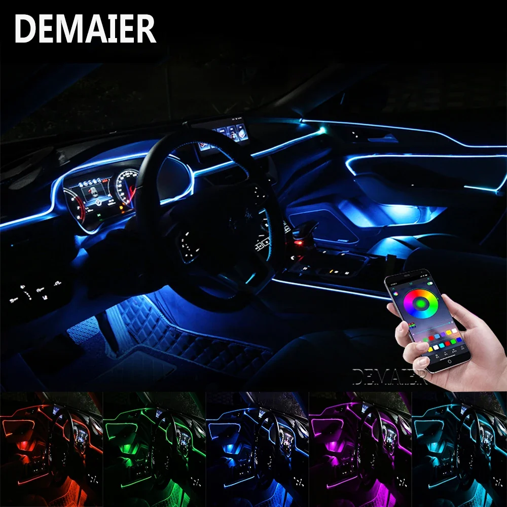 

RGB Fiber Optic Atmosphäre Lampen Auto Innen Umgebungs Licht Dekorative Lampe Streifen APP Music Control Modus LED Flexible 6m