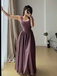 French Square Neck High Waisted Backless Solid Long Dress Women 2024 Summer Sleeveless Fake Two-piece Floral Bud Dress V6N7