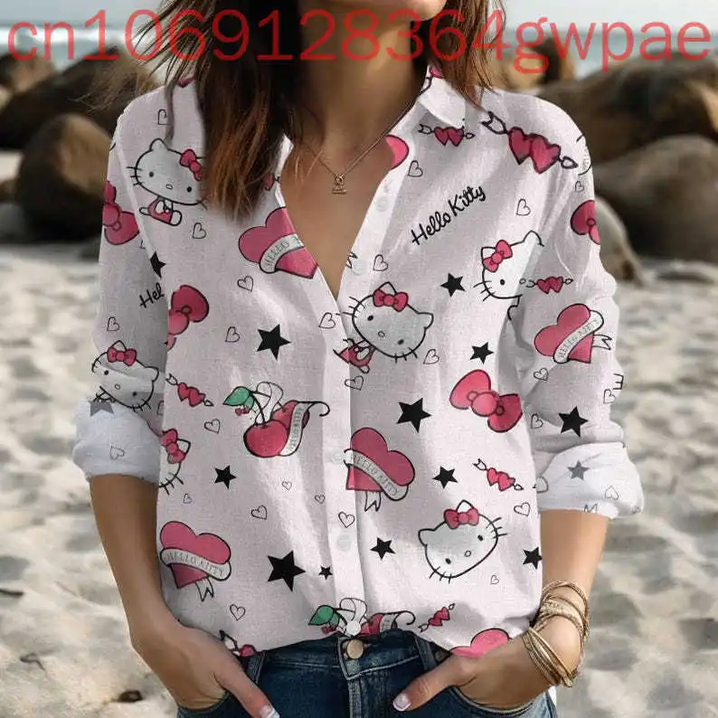 

New HelloKitty Women's Blouse Shirt Casual Long Sleeve Button Up Shirt Disney Kawaii Hello Kitty Women Fashion Elegant 3d Shirts