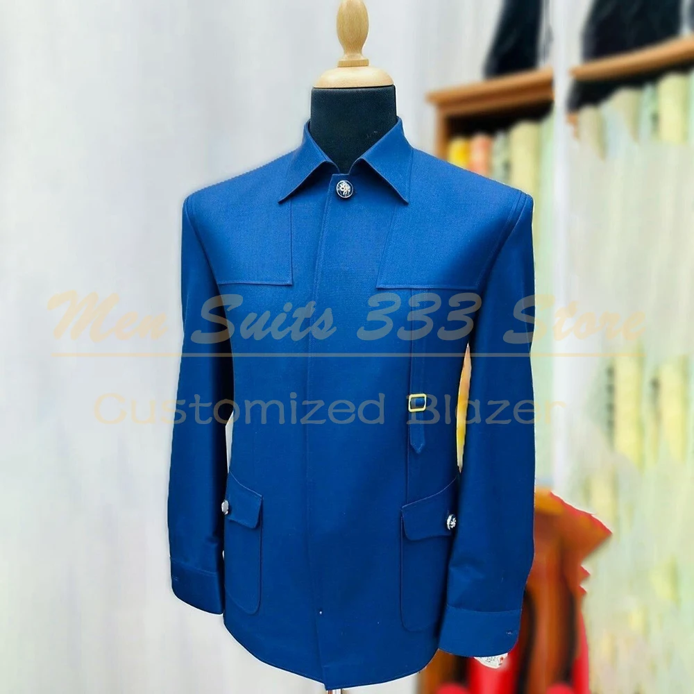 

Fashion Suits for Men Elegant Blue Solid Color Blazer Luxury Single Breasted Stand Lapel Slim Fit 2 Piece Jacket Pants Outfits